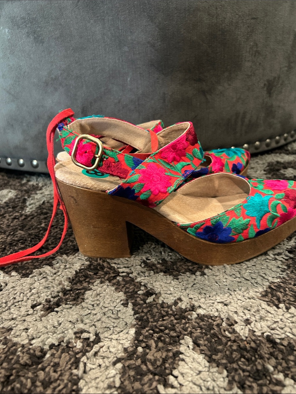 Free People Multicolor Embroidered Pointed-Toe Ankle-Tie Heels - Picture 2 of 5